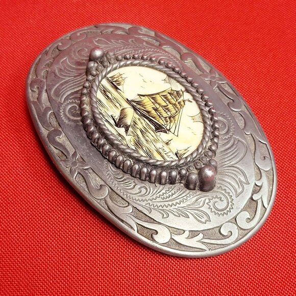 Belt Buckle Sailing Ship Boat Clipper Schooner Galleon Centerpiece Oval - Picture 6 of 9